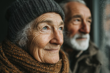 Elderly couple gazing through rainy window in cozy winter attire