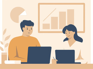 Two people working on laptops at a desk with a chart and pie chart in the background at the office