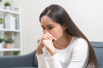 Sad, unhappy. Alone asian young woman, girl expression face thinking about problem, difficulty, feeling failure and exhausted, suffering from loneliness, grief sorrow and bad relationship or break up.
