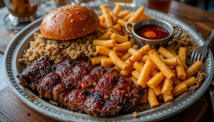 A close-up shot of a delicious meal on a plate, featuring grilled meat, fries, mac and cheese, and a burger bun, perfect for food photography.