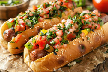 Delicious hot dogs with fresh vegetable toppings and sesame buns