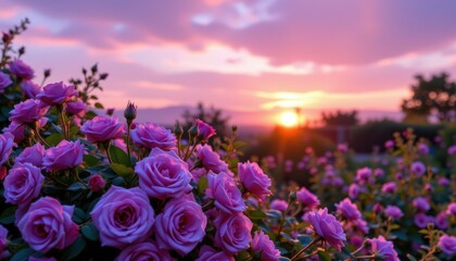 Fototapeta premium Dawn Garden Dewkissed Lavender Roses and Serene Sky