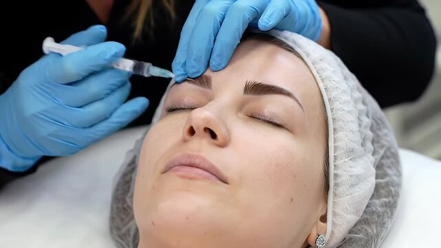 Aesthetician in Blue Gloves Administering Eyebrow Injection to a Woman Under Sterile White Protective Cap Detailed View of Cosmetic Facial Treatment Using Syringe for Rejuvenation and Skin