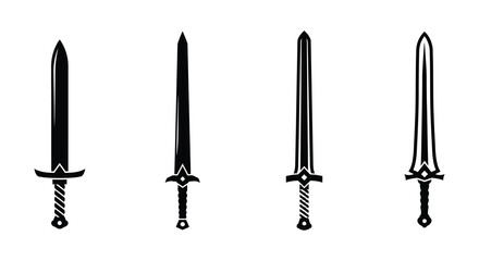 Four stylized swords in a row black and white graphic illustration