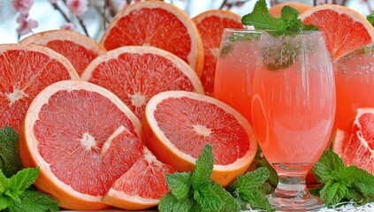 Fresh grapefruit slices and a pink drink