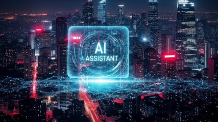 Futuristic city skyline glows at night An ai assistant interface pulsates with blue energy High tech integration provides smart solutions - Powered by Adobe