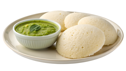  Fresh idli with chutney PNG on transparent background, perfect for menus, packaging, and food designs.
