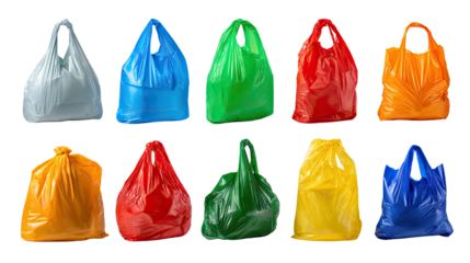 Colorful Carrier Collection: A vibrant collection of reusable plastic shopping bags in a diverse array of hues, a symbol of environmental awareness and responsible consumerism.