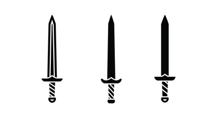 Three Black Sword Silhouettes Isolated on White Background for Design Elements