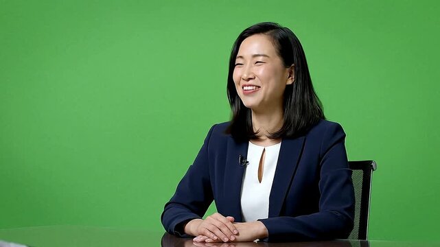 A woman in a blazer sits at a table with her hands clasped against a green screen backdrop in a studio