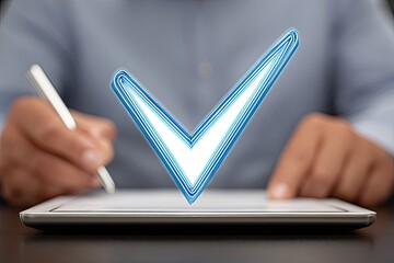 Person using tablet with checkmark graphic