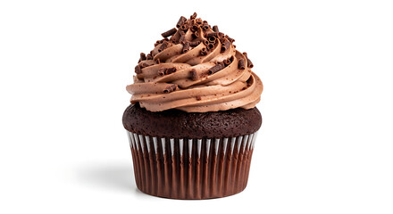 A single chocolate cupcake with chocolate frosting and chocolate curls on a white background