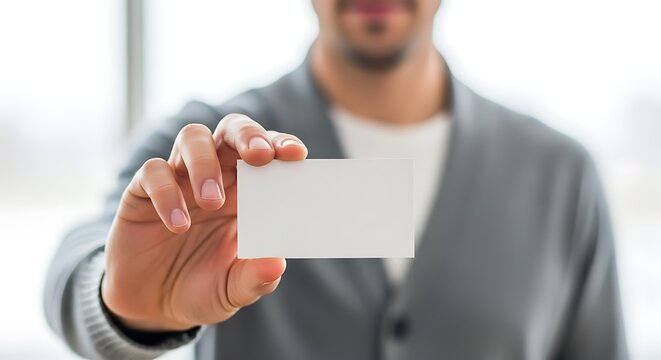 Man holding a blank white business card for introduction or networking - Powered by Adobe