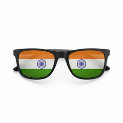India Independance Day Fashion eyeglasses, including classic sunglasses and 3D glasses, with a black plastic frame and lenses, are isolated on a white background
