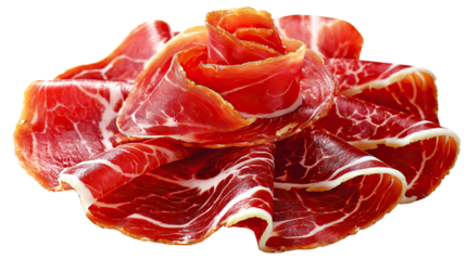 Exquisite slices of cured ham: A visually stunning display of delicate, thinly sliced cured ham, meticulously arranged to highlight its rich marbling and inviting texture.