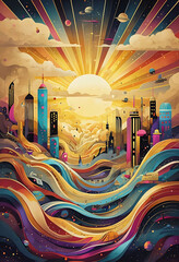 Saturated Chromatic Waves With Layered Paper Texture