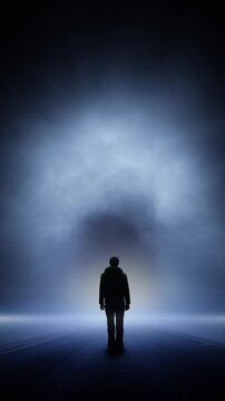 Artistic smoke night landscape with man silhouette loop vertical background.