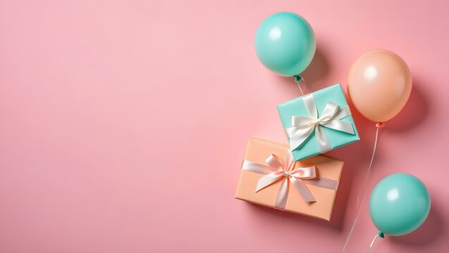 Pastel pink background with gifts and balloons for birthday party celebration event