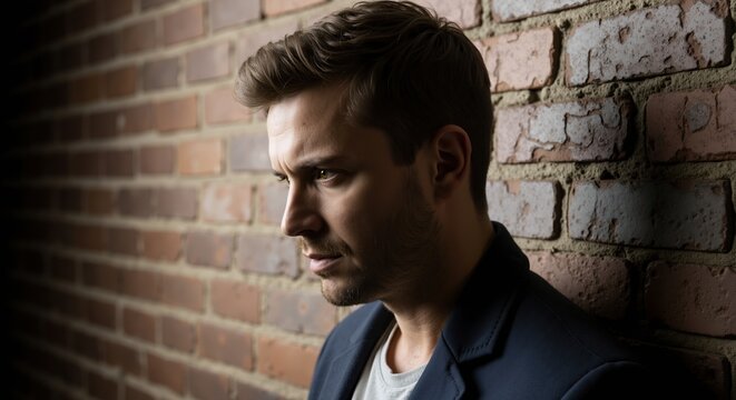 Man profile brick wall dramatic lighting portrait masculine features strong jawline handsome male model. Serious expression contemplative mood studio professional headshot commercial modeling.