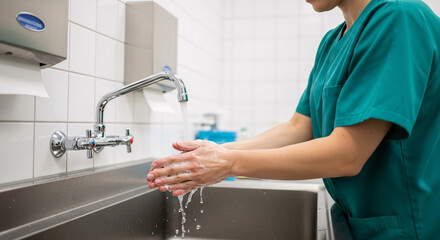 Healthcare worker in green scrubs meticulously washing soapy hands under a running faucet.