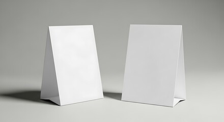 Two blank white folded table tent cards or signs displayed on a surface