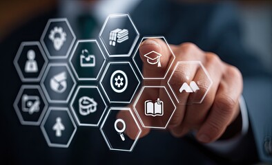 Businessman interacts with a digital interface showing educational and administrative icons