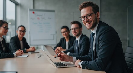 Business team meeting in modern office with smiling man holding laptop near whiteboard. Clean corporate style. Collaboration, leadership and finance. Banking services, consulting promos, HR materials