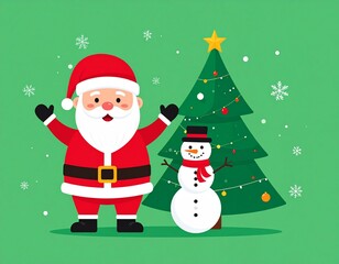 Fototapeta premium Santa claus character and snowman, pine tree, banner design on green background
