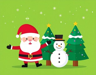 Fototapeta premium Santa claus character and snowman, pine tree, banner design on green background