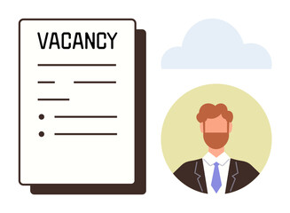 Vacancy sheet alongside a male candidate depiction in formal attire under a cloud element. Ideal for recruitment, hiring, HR, career, job search, employment, and opportunities. Simple flat metaphor