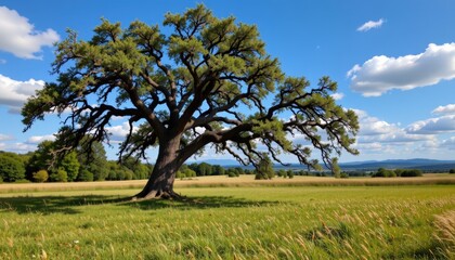 Obraz premium Solitary Oak Tree Grassy Field Under Blue Sky
