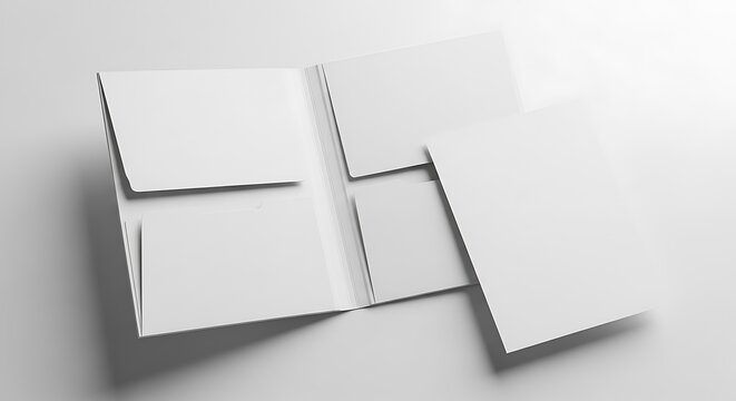 Open white folder with blank paper inserts and a separate cover