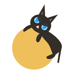 Digitally illustrated cartoon of a black cat with large, expressive blue eyes. The cat is shown from a playful, clinging to a large, yellow sphere or ball