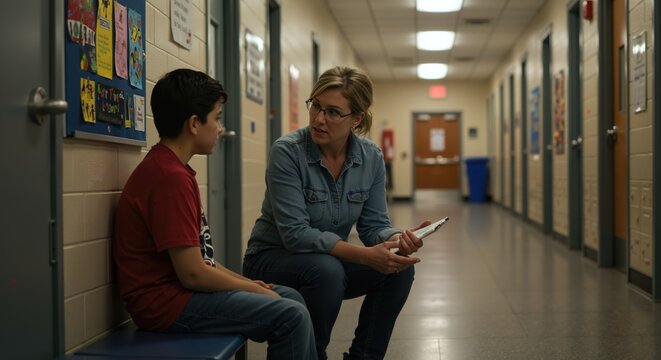 School counselor talking with boy on hallway bench, supportive conversation, education and mental health theme, warm light, documentary feel, room for message