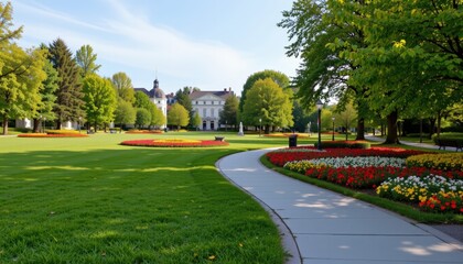 Fototapeta premium Vibrant Urban Park with Lush Greenery and Pathways