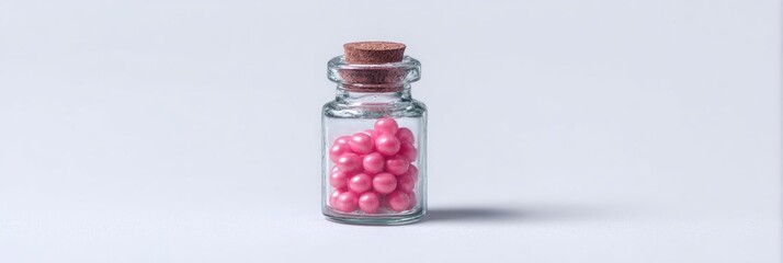 Small glass jar with pink pills