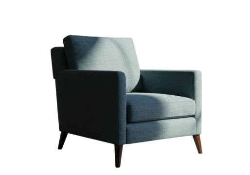 An elegant empty armchair with muted blue linen blend upholstery and dark wood frame, in a luxurious executive lounge with blurred abstract art, natural light, concept of aspirational living