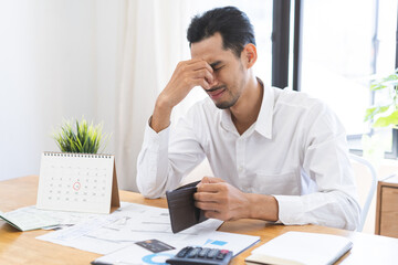 Stressed, Problem people asian woman hand holding and open an empty wallet not have money, credit card, not to payment bill, loan or expense in pay. Bankruptcy, bankrupt and debt financial concept.