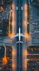 Aerial view of a jetliner taxiing on a city's crossroad at night