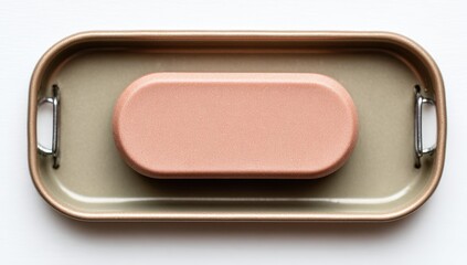 Beige roasting pan with salmon-colored object