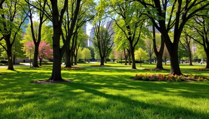 Tranquil Urban Park with Lush Greenery and Pathways