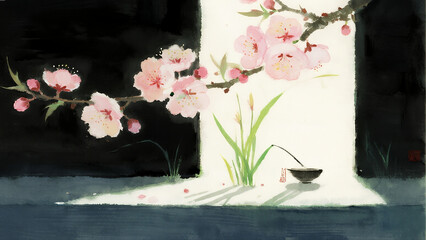 Spring Begins - Chinese 24 Solar Terms, Traditional Minimalist Background with Blossoms and Green Sprouts