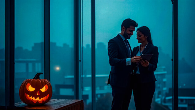 Business and celebration: work continues in the evening office on Halloween - Powered by Adobe