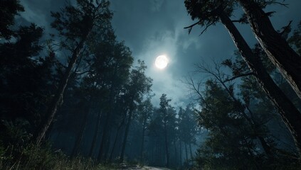 Misty forest at night