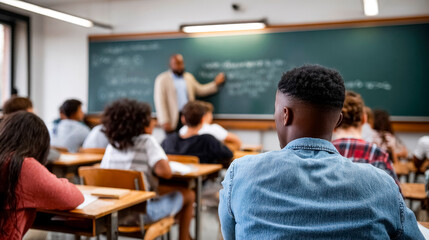 Learning process in the classroom: teacher at the board, attentive students