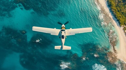 Aerial view of a small plane over turquoise water and a tropical beach