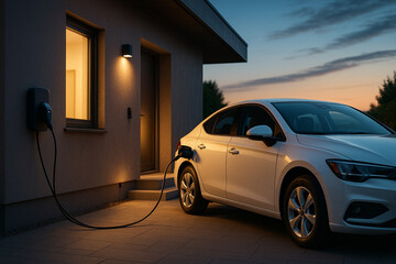 Electric car charging at home wallbox in driveway at dusk