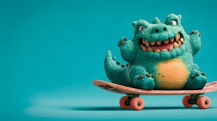 Cartoon dinosaur character sitting on a skateboard.