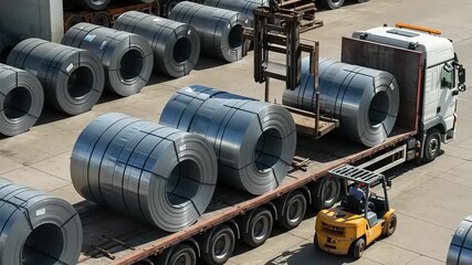 Forklift transporting steel coils in industrial setting