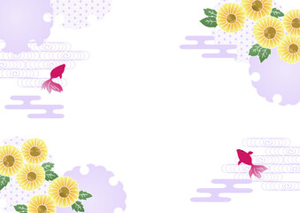 和柄 涼しげな向日葵と金魚 ベクターフレーム背景 透過 日本の夏 紫 Japanese pattern cool sunflowers and goldfish vector background japanese summer purple transparent 